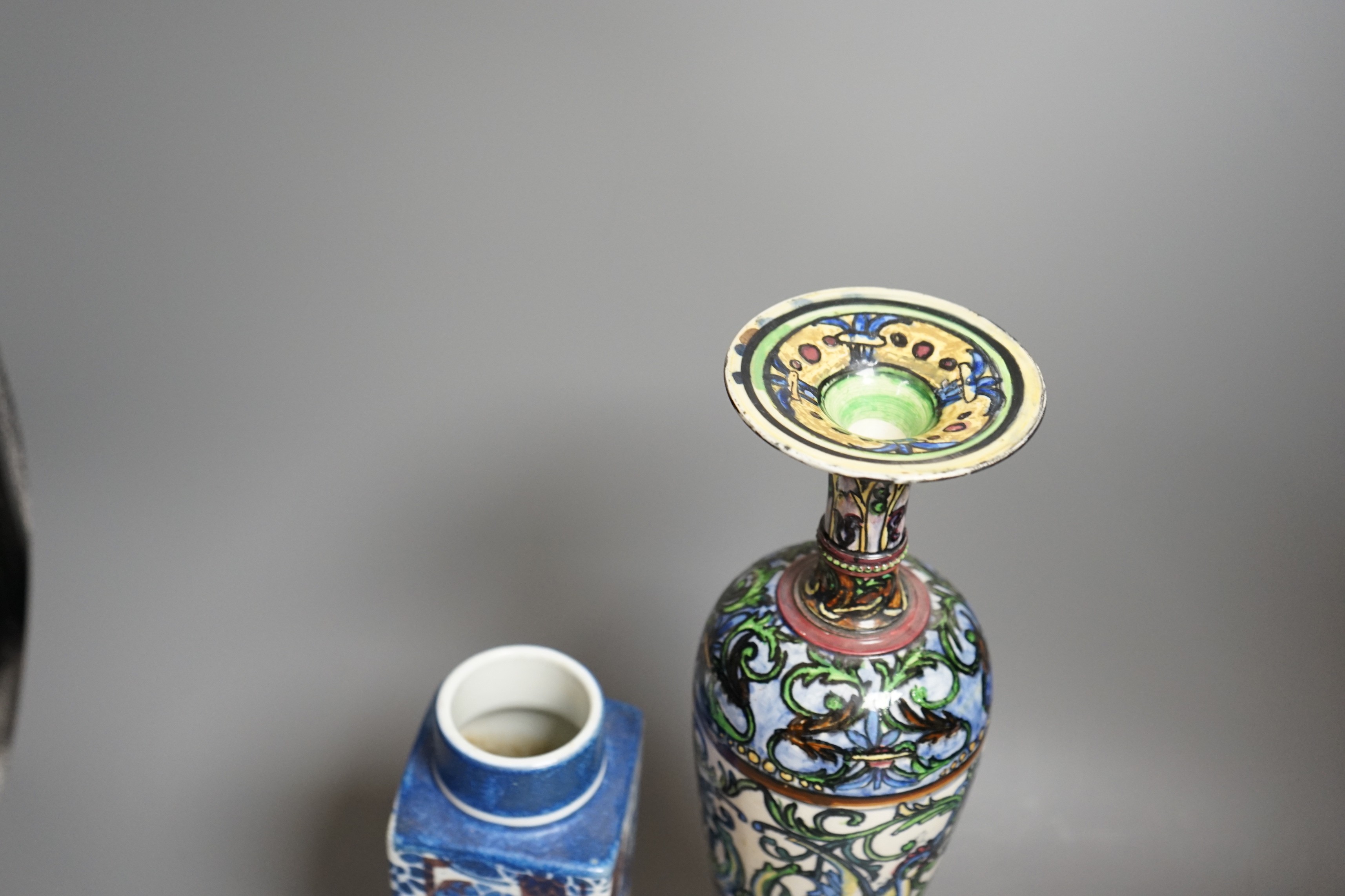 A Royal Copenhagen faience vase and a grotesque style bottle vase and two Lalique pour Homme perfume bottles, faience vase 23cms high